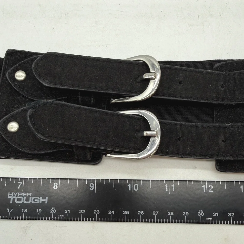 Le Chateau Black Studded Elastic Cinch Belt Double Buckle M Y2K goth moto biker‎